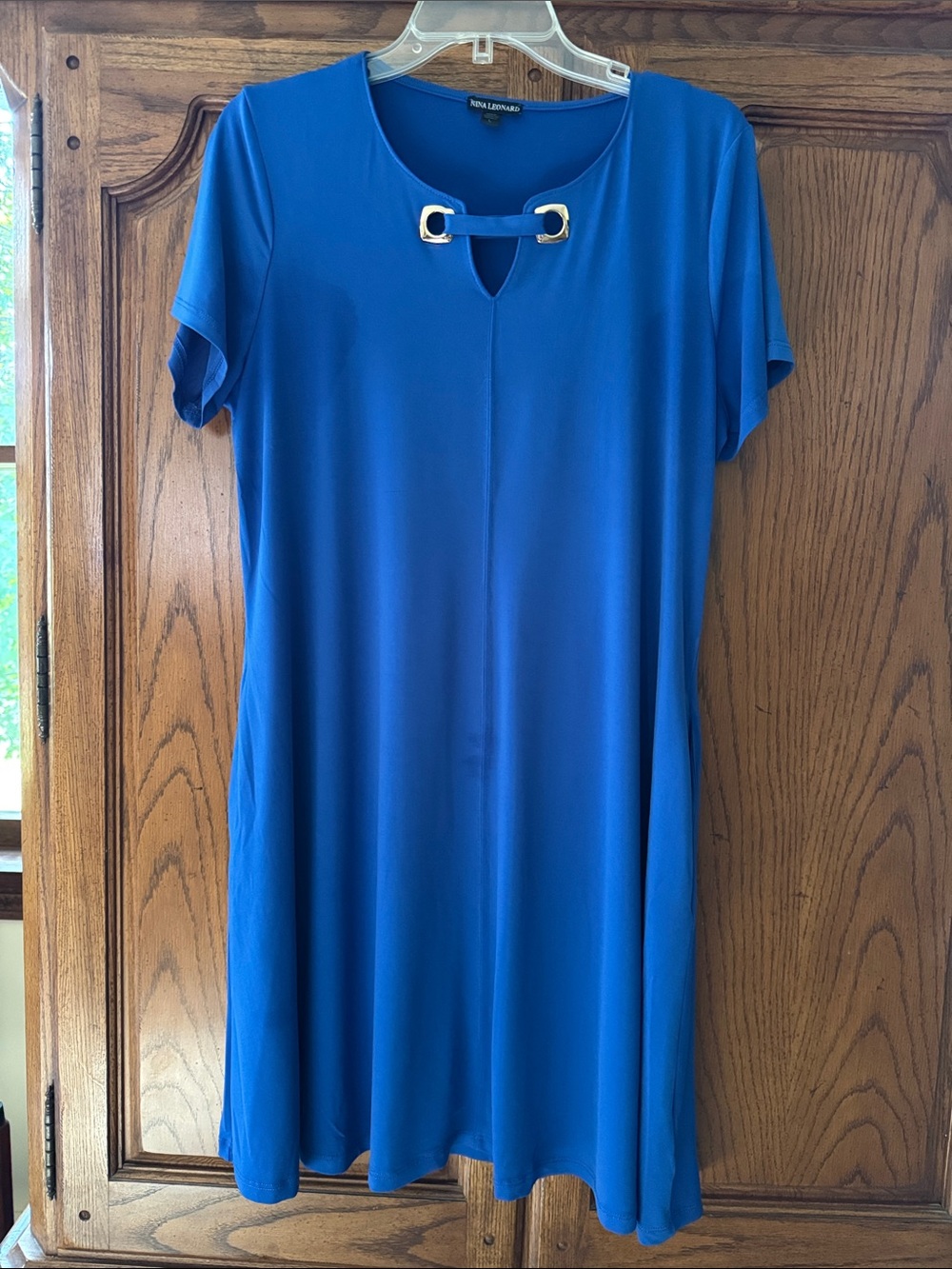 Nina Leonard Cobalt Blue Short-Sleeve Shift Dress with Gold Accent